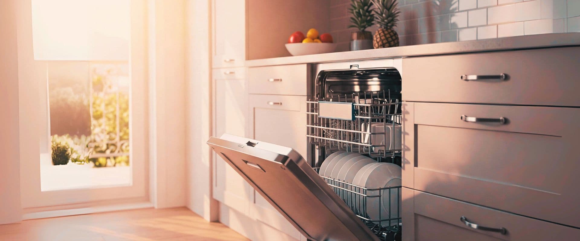 Modern open dishwasher in a bright kitchen