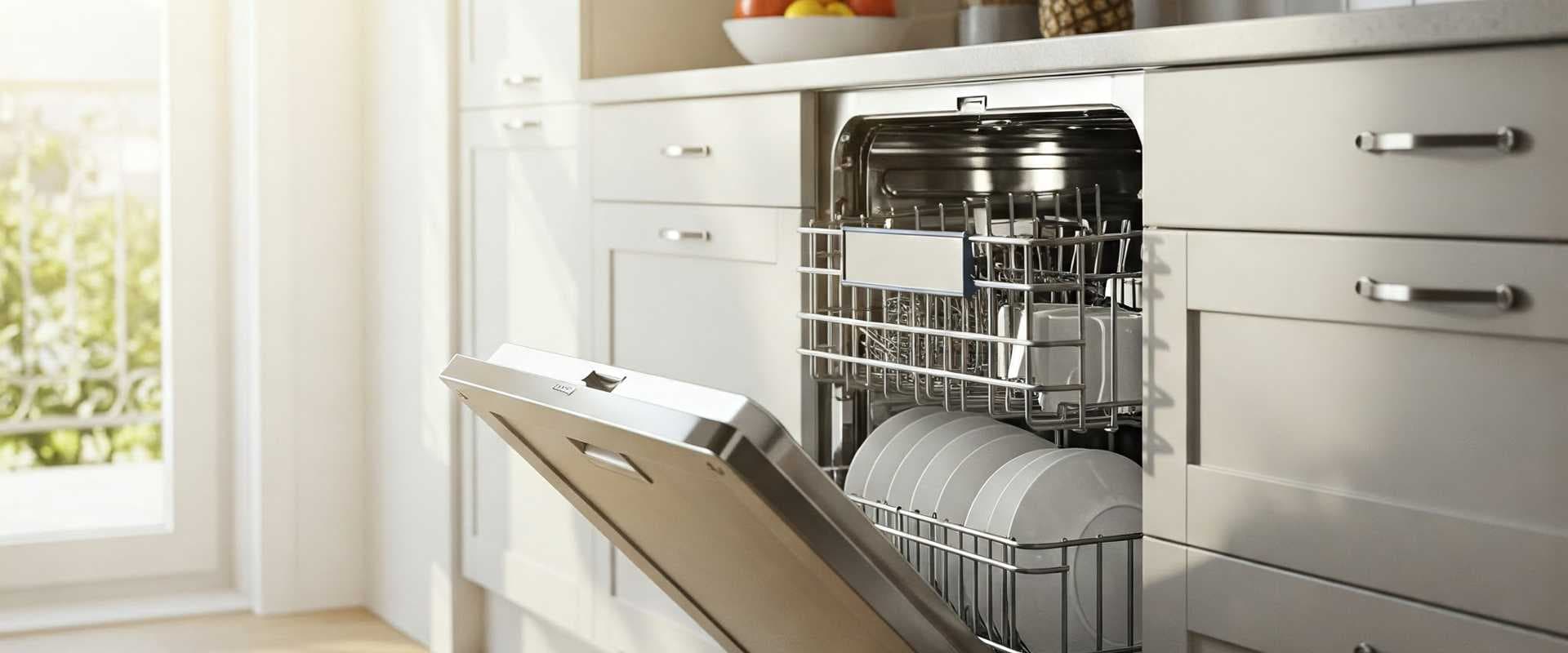 Modern open dishwasher in a bright kitchen